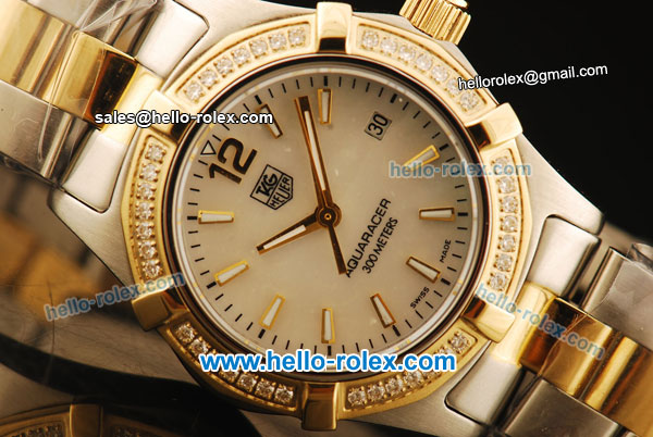 Tag Heuer Aquaracer Swiss Quartz Movement Steel Case with Gold/Diamond Bezel and MOP Dial - Click Image to Close